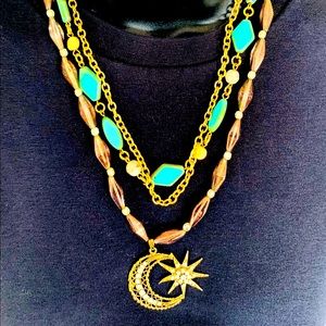 Gold tone metal chain necklace turquoise & brown beadings moon & star pendant